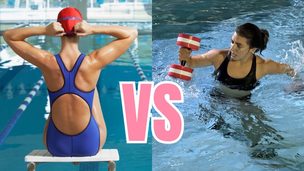 Swimming vs Aqua Fitness comparison showing a swimmer preparing to swim laps beside a participant performing aqua fitness exercises with water dumbbells.