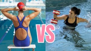 Swimming vs Aqua Fitness comparison showing a swimmer preparing to swim laps beside a participant performing aqua fitness exercises with water dumbbells.