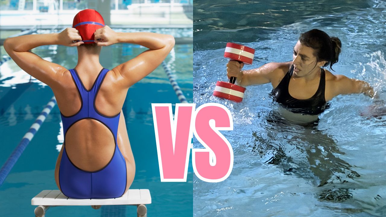 Swimming vs Aqua Fitness comparison showing a swimmer preparing to swim laps beside a participant performing aqua fitness exercises with water dumbbells.