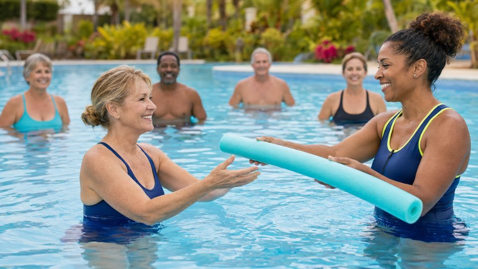 Instructor giving a pool noodle to participant in a aqua fitness class 