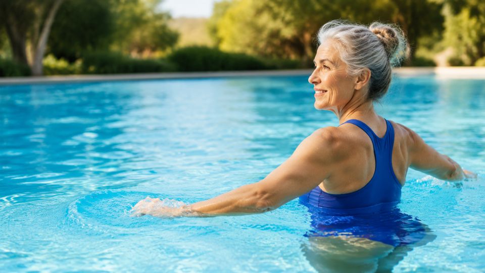 Woman performing a controlled arm sweep in a swimming pool during an aquatic exercise workout for healthy aging.