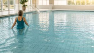 Woman water walking in an indoor pool during a gentle aquatic exercise session for fibromyalgia.
