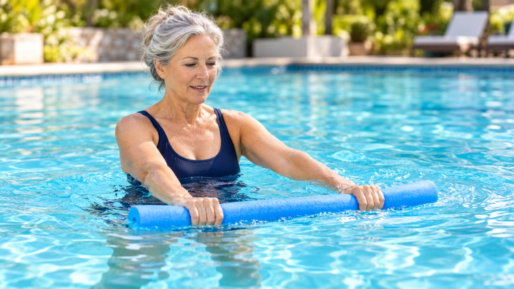 Older woman performing a pool noodle chest press during a low-impact water workout.