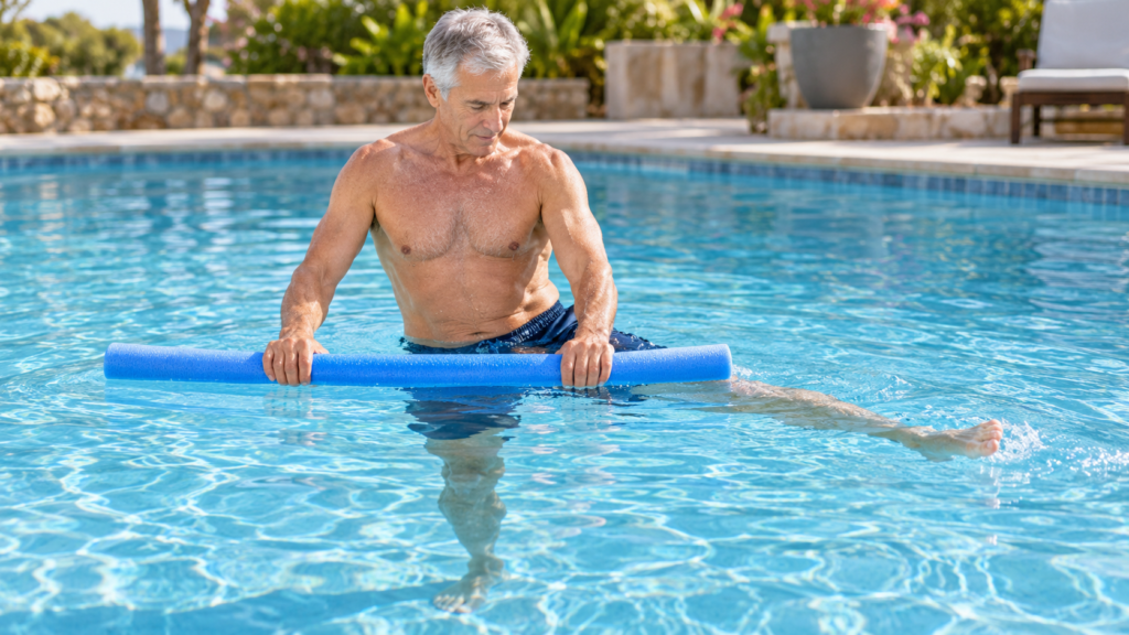 Older man using a pool noodle for support while performing a side leg lift in waist-deep water.